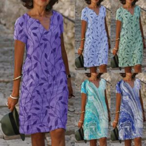 Abito largo da donna in cotone e lino con stampa